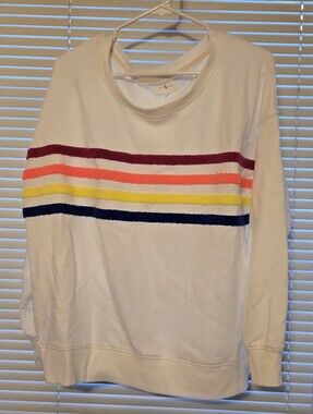Lou & Grey White Crewneck Sweatshirt with Rainbow Stripes
